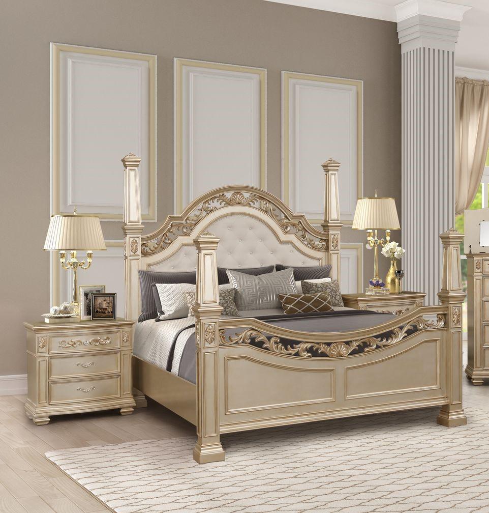 

    
Gold Finish King Poster Bedroom Set 3Pcs Traditional Cosmos Furniture Valentina
