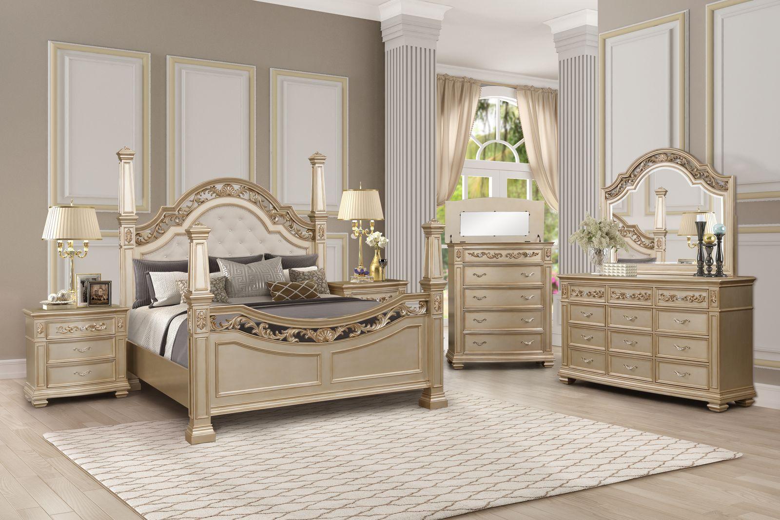 

    
Gold Finish King Poster Bedroom Set 6Pcs Traditional Cosmos Furniture Valentina
