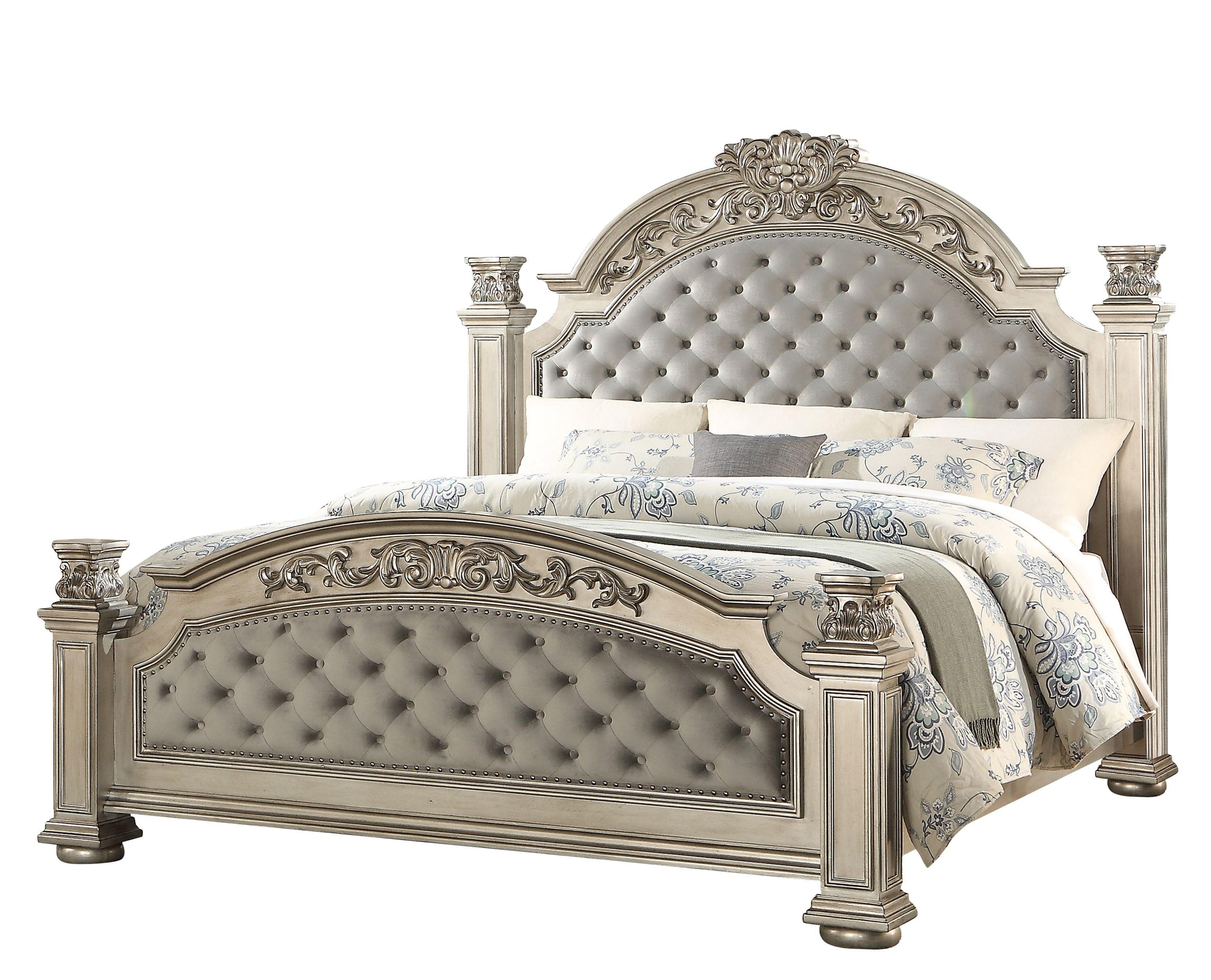 

    
Gold Finish Queen Poster Bed Traditional Cosmos Furniture Platinum
