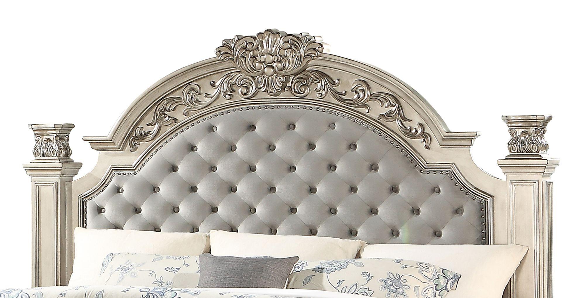 

    
Gold Finish Queen Poster Bed Traditional Cosmos Furniture Platinum
