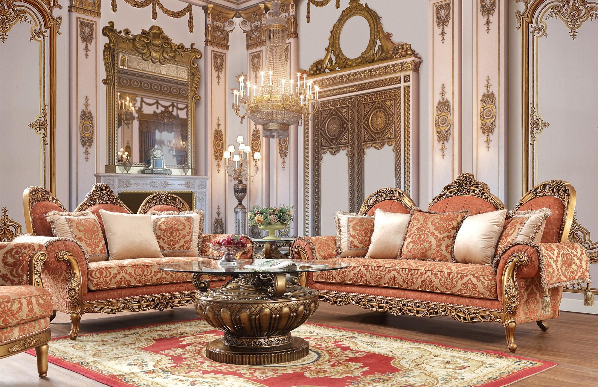 

    
Perfect Brown & Gold Sofa Set 6Pcs w/ Coffee Tables Traditional Homey Design HD-106
