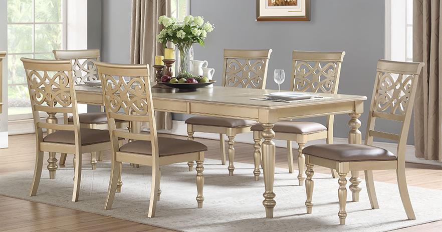 

    
 Order  Gold Finish Wood Dining Room Set 8Pcs w/Chest Transitional Cosmos Furniture Zora Gold
