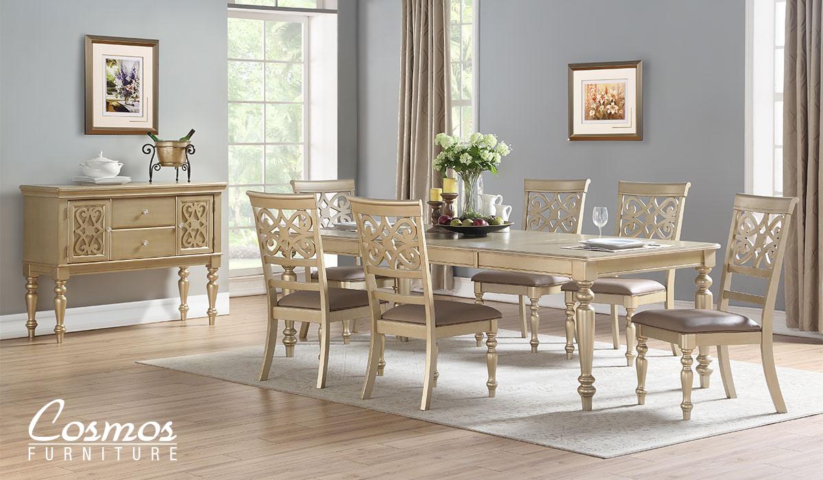 

    
Gold Finish Wood Dining Room Set 8Pcs w/Chest Transitional Cosmos Furniture Zora Gold
