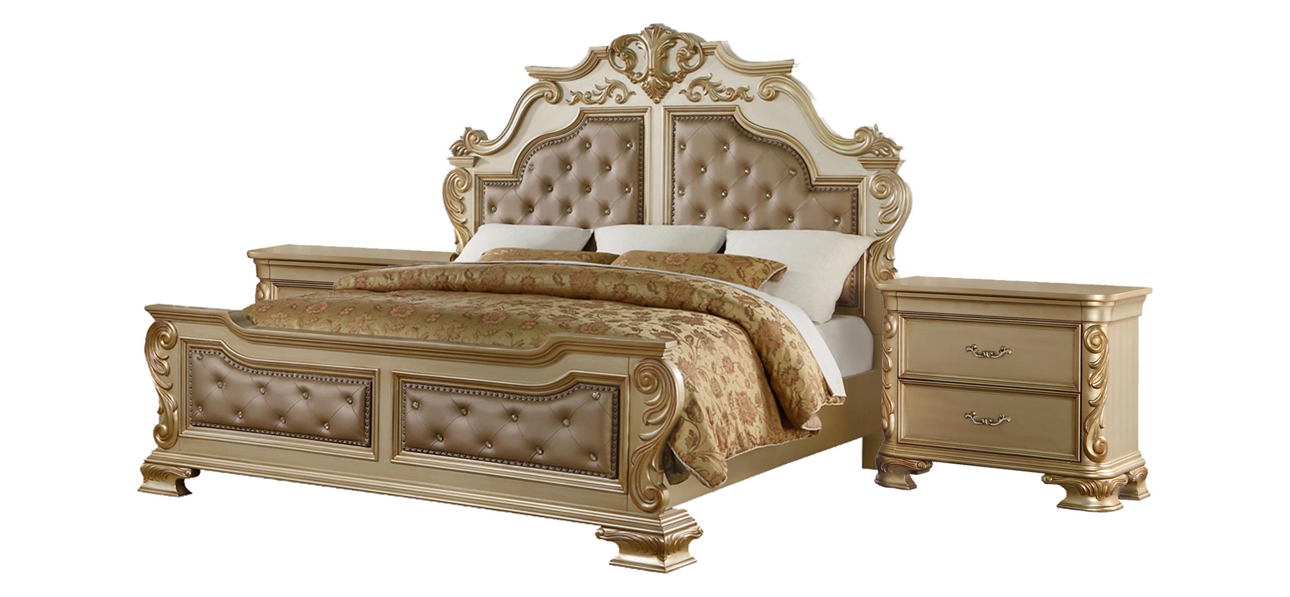 

    
Gold Finish Wood King Panel Bedroom Set 3Pcs Traditional Cosmos Furniture Miranda
