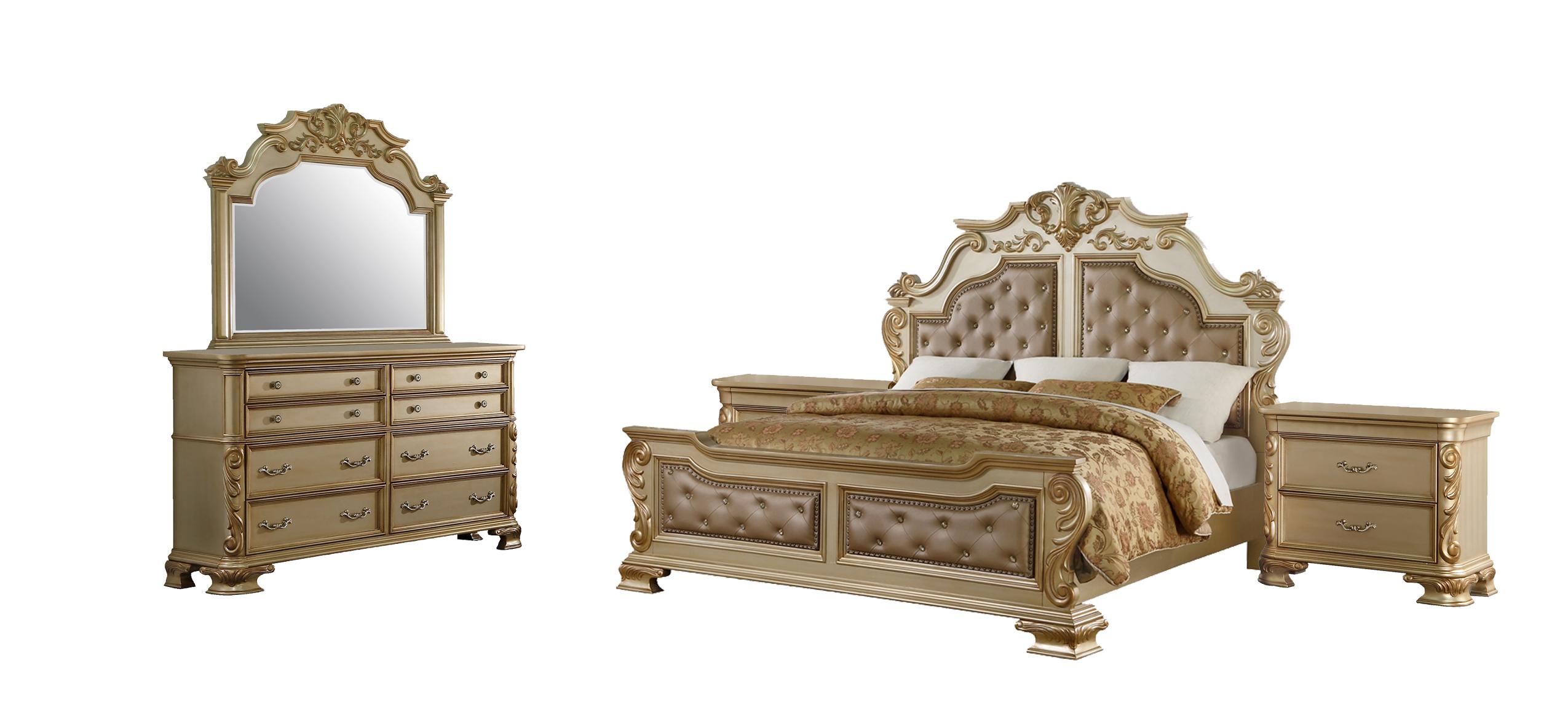 

    
Gold Finish Wood King Panel Bedroom Set 5Pcs Traditional Cosmos Furniture Miranda
