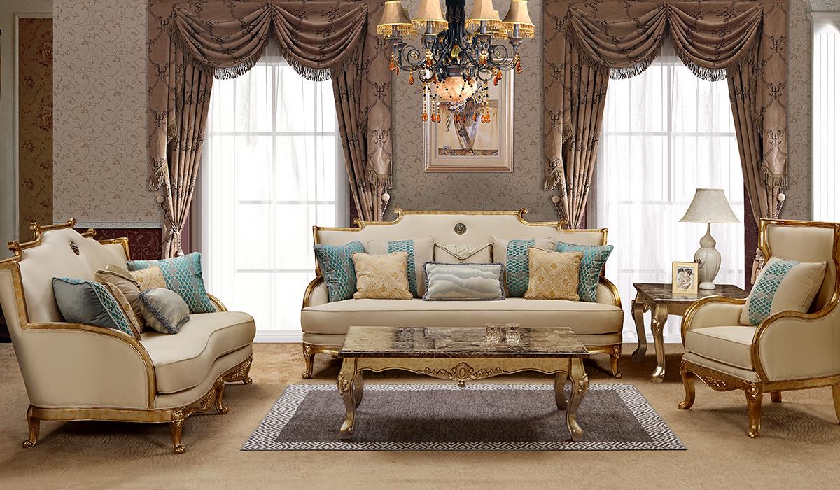 Traditional Sofa Loveseat and Chair Set Majestic Majestic-Set-3 in Light Beige, Gold Fabric