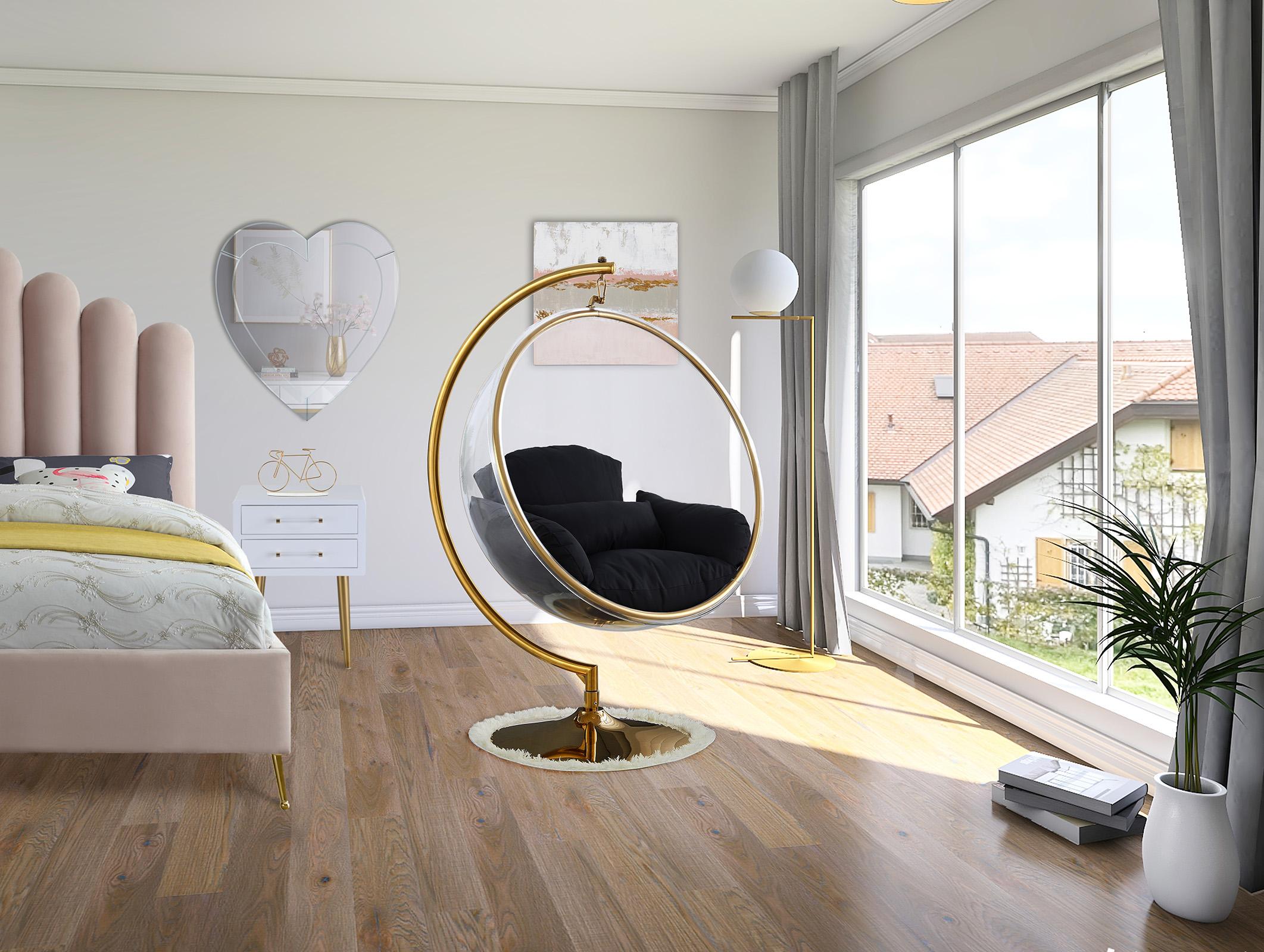 

    
Gold Metal Base Acrylic Swing Bubble Accent Chair LUNA 508Black Meridian Modern

