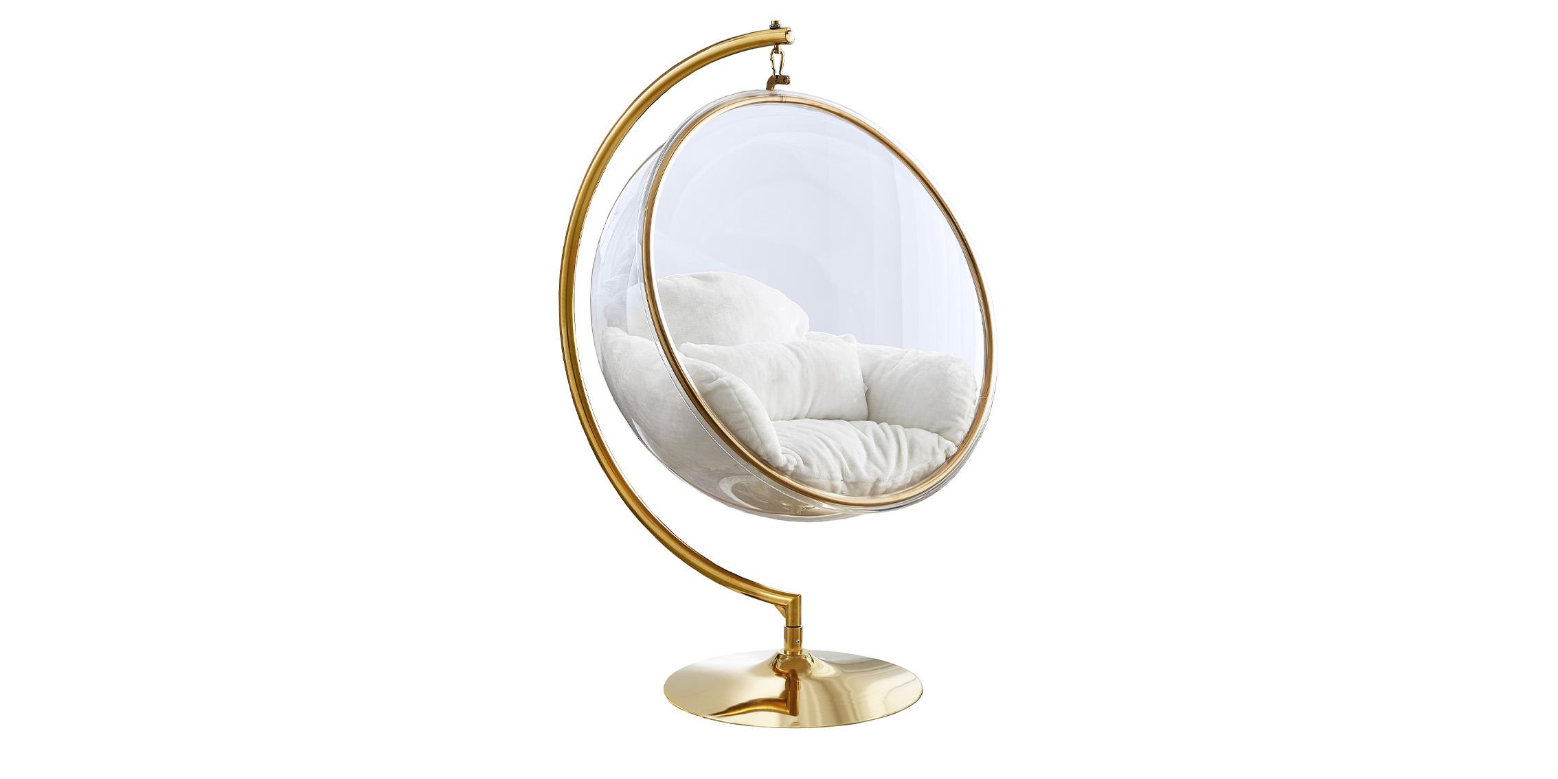 

    
Gold Metal Base Acrylic Swing Bubble Accent Chair LUNA 508Fur Meridian Modern
