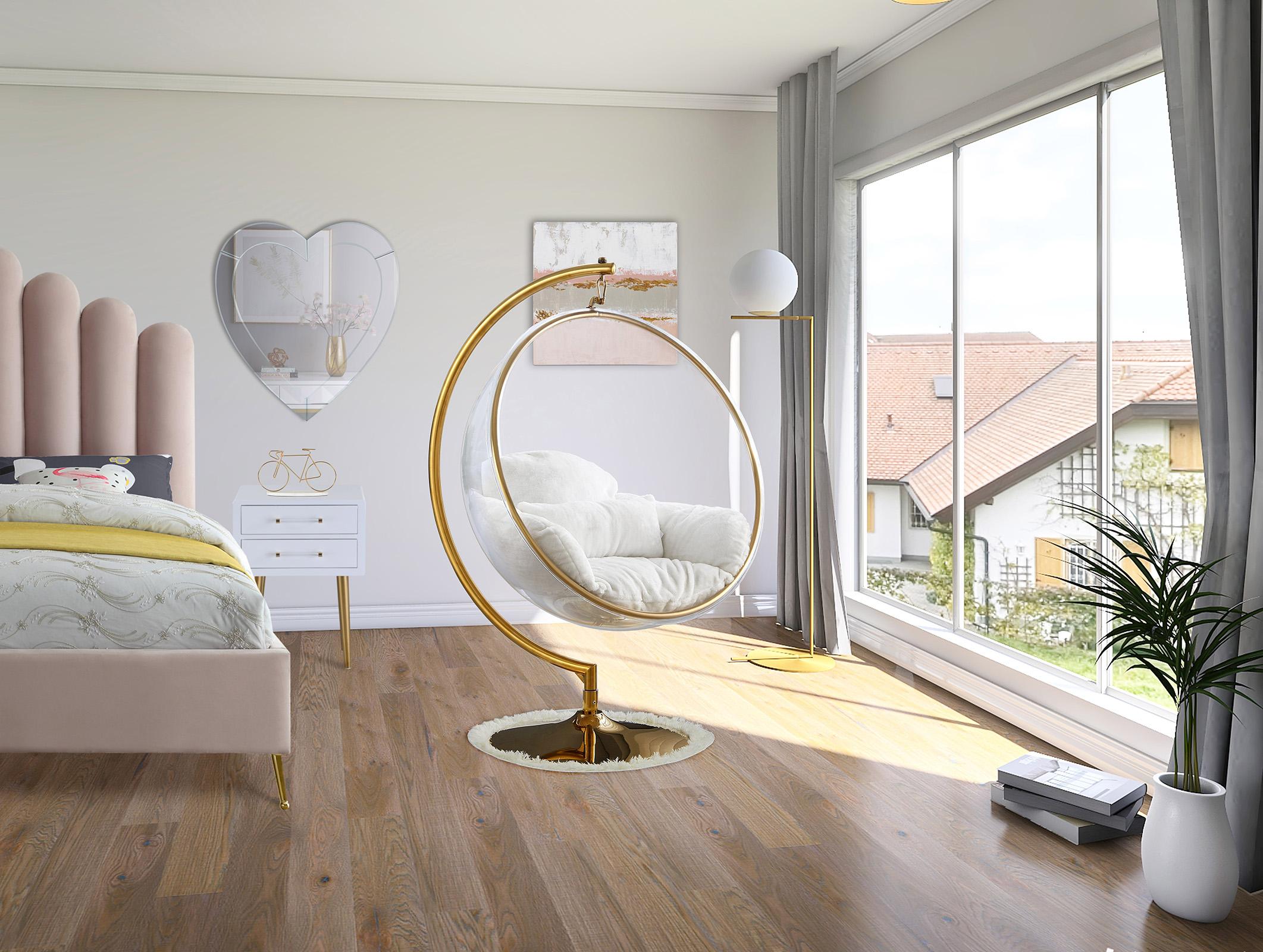 

    
Gold Metal Base Acrylic Swing Bubble Accent Chair LUNA 508Fur Meridian Modern
