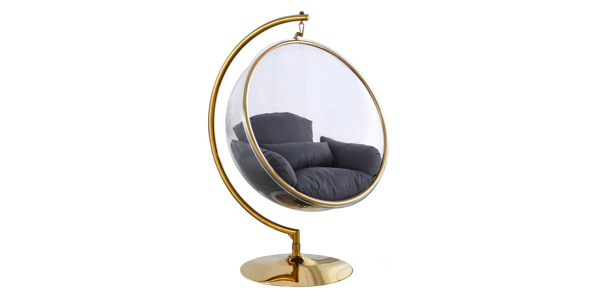 

    
Gold Metal Base Acrylic Swing Bubble Accent Chair LUNA 508Grey Meridian Modern
