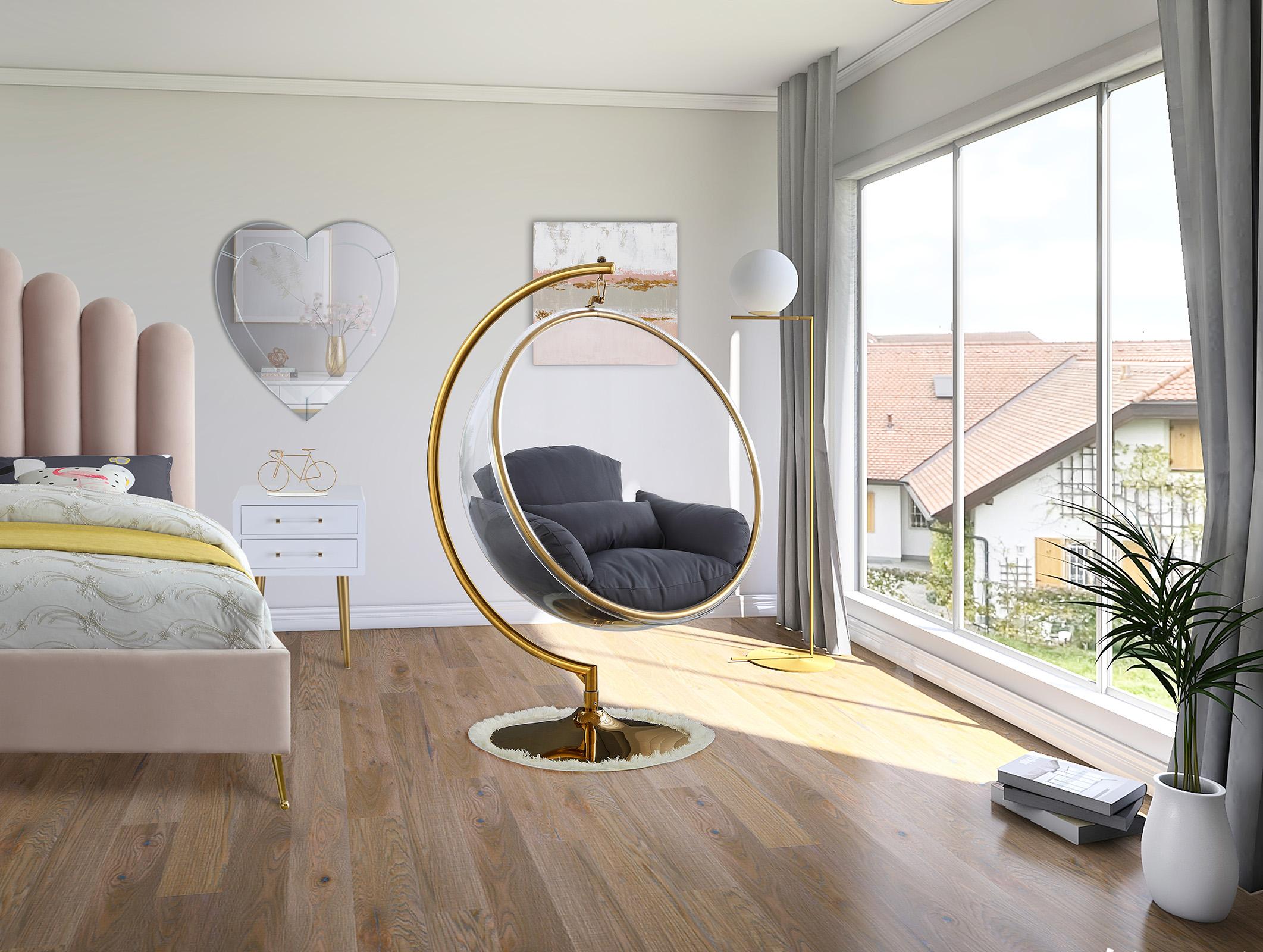 

    
Gold Metal Base Acrylic Swing Bubble Accent Chair LUNA 508Grey Meridian Modern
