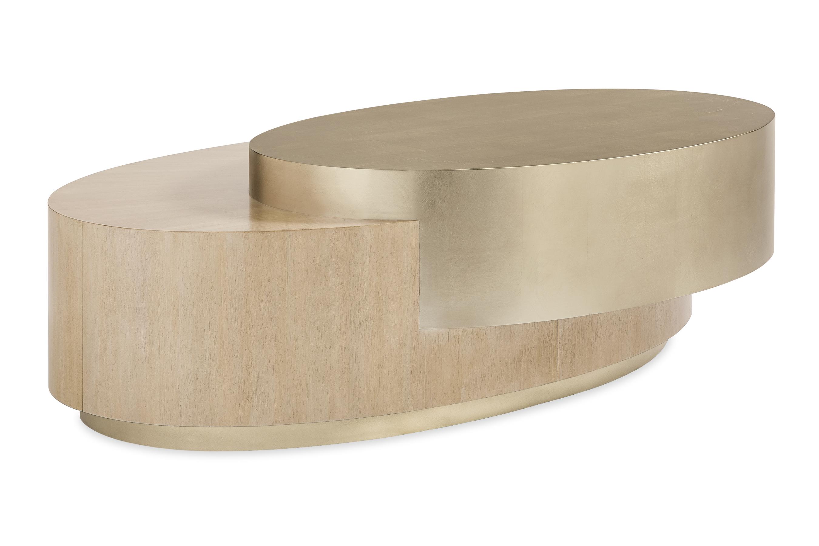 

    
Golden Blonde Leaf finish Oval Shape Coffee Table LEVEL UP by Caracole
