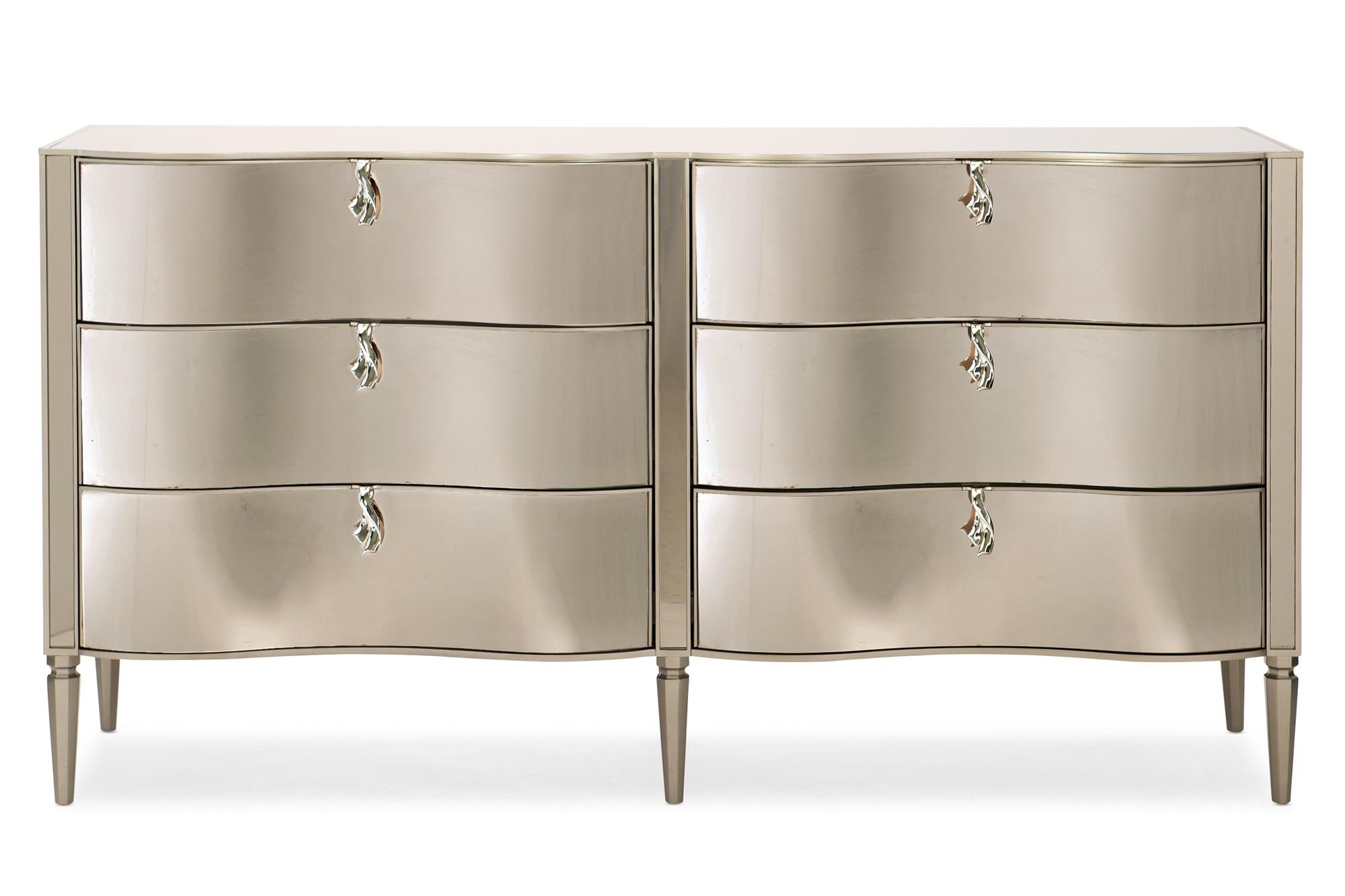 

    
Golden Shimmer Finish Bronze Mirror Top 6 Drawers Dresser WONDER-FULL by Caracole
