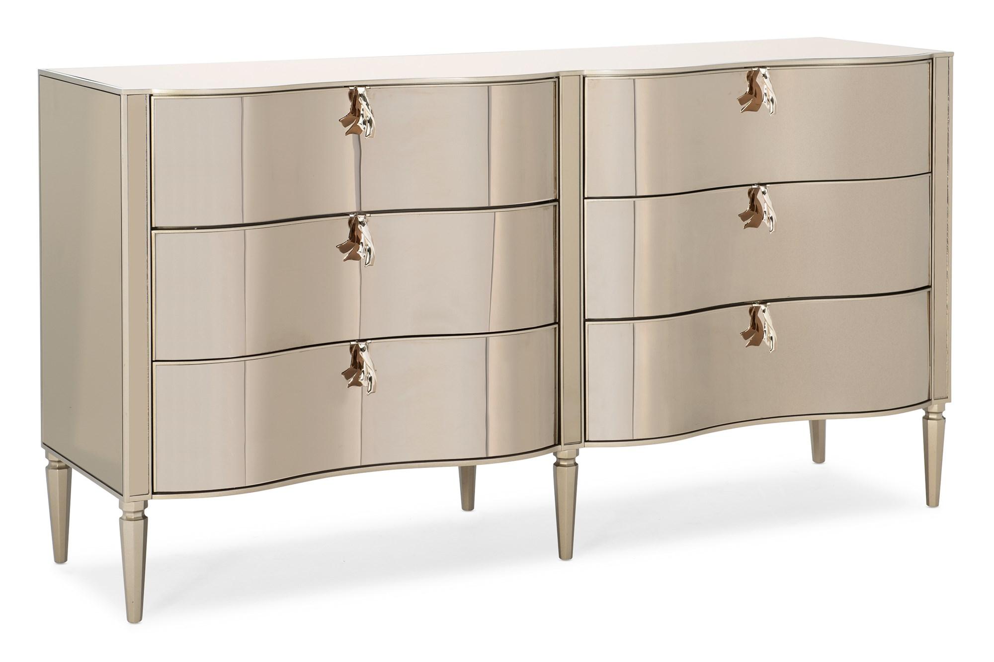 

    
Golden Shimmer Finish Bronze Mirror Top 6 Drawers Dresser WONDER-FULL by Caracole
