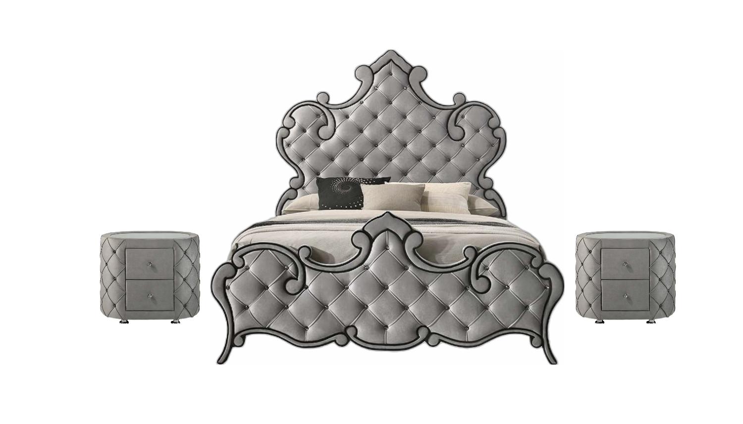 Contemporary, Modern Bedroom Set Perine BD01061EK-3pcs in Gray Velvet