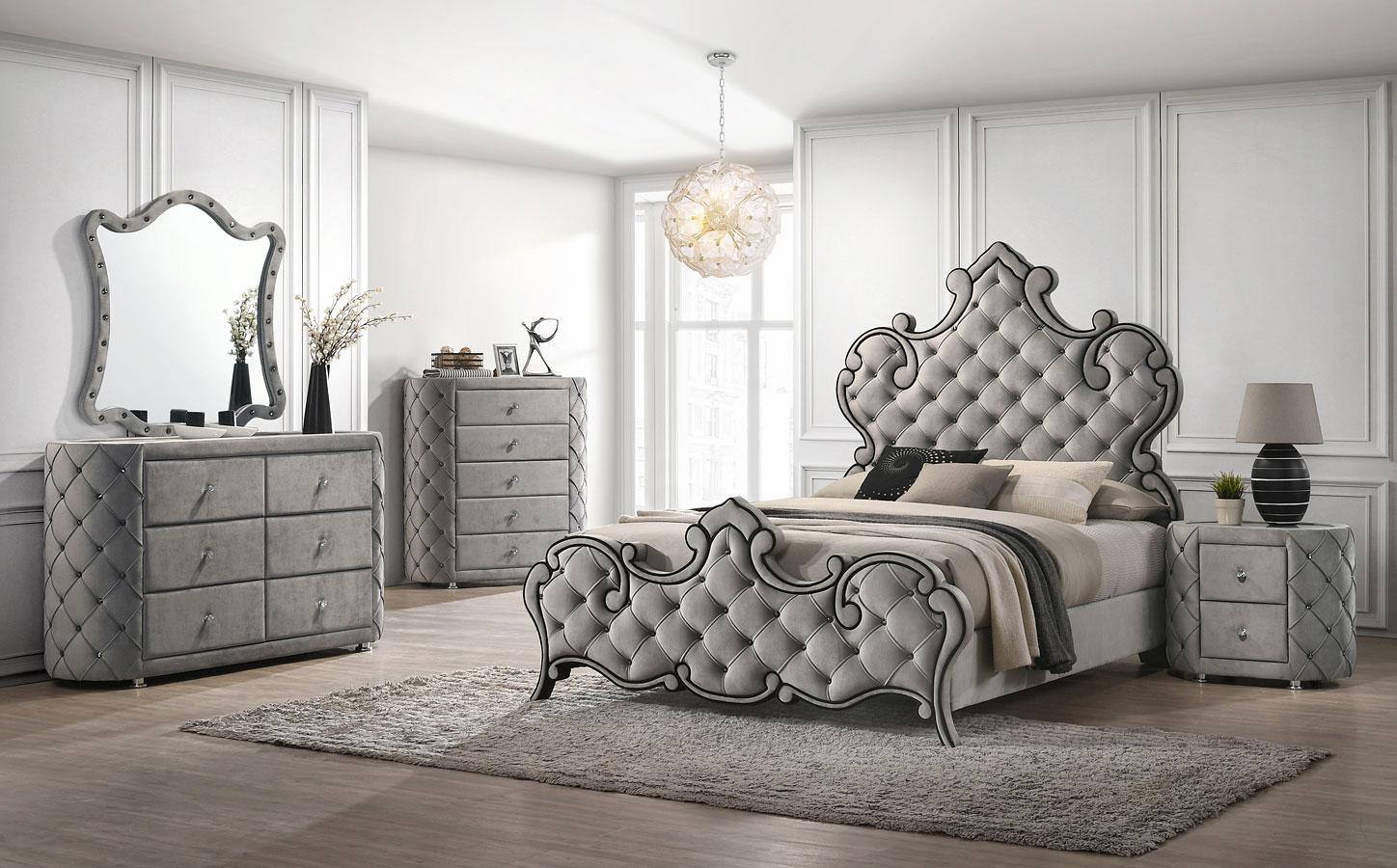 Contemporary, Modern Bedroom Set Perine BD01061EK-5pcs in Gray Velvet