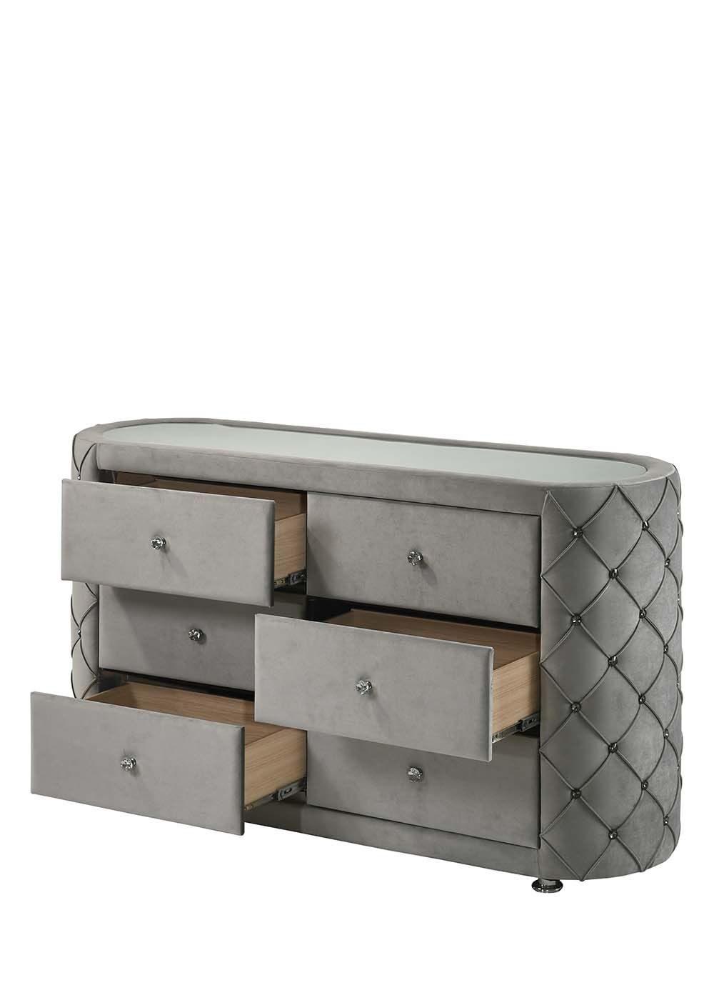 

    
 Photo  Gray Color Crown Design Bedroom Set by Acme Furniture Perine BD01061EK-6pcs
