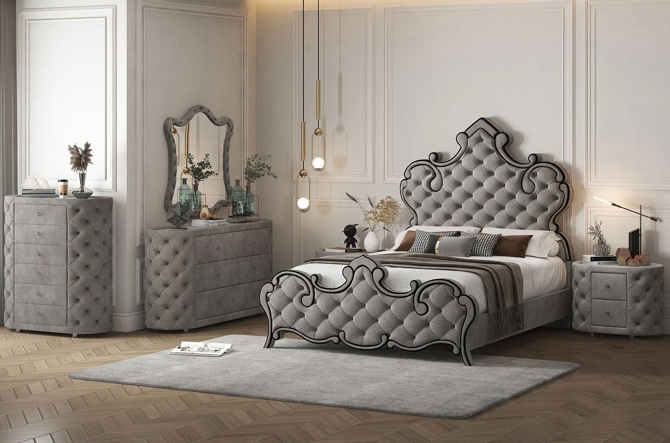 Contemporary, Modern Bedroom Set Perine BD01062Q-6pcs in Gray Velvet