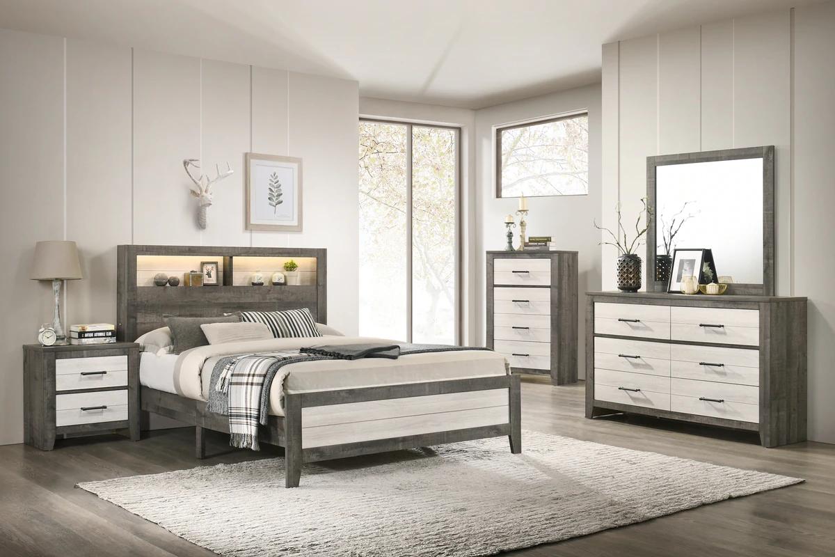 

    
Gray & Cream Panel Bedroom Set w/ LED by Crown Mark Rhett B8170-K-Bed-5pcs
