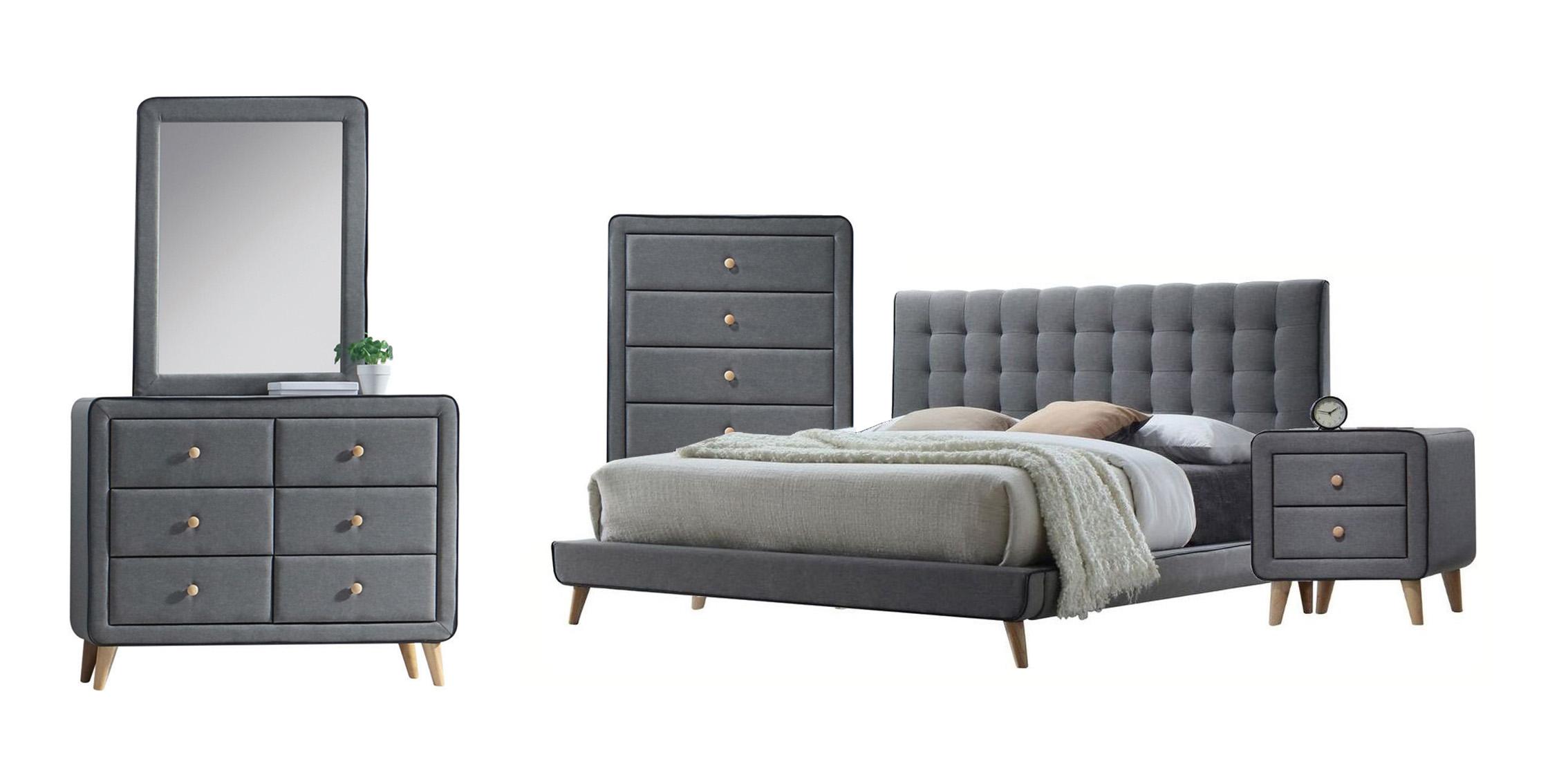 Transitional Panel Bedroom Set Valda-24520Q 24520Q-Set-5 in Light Grey Fabric