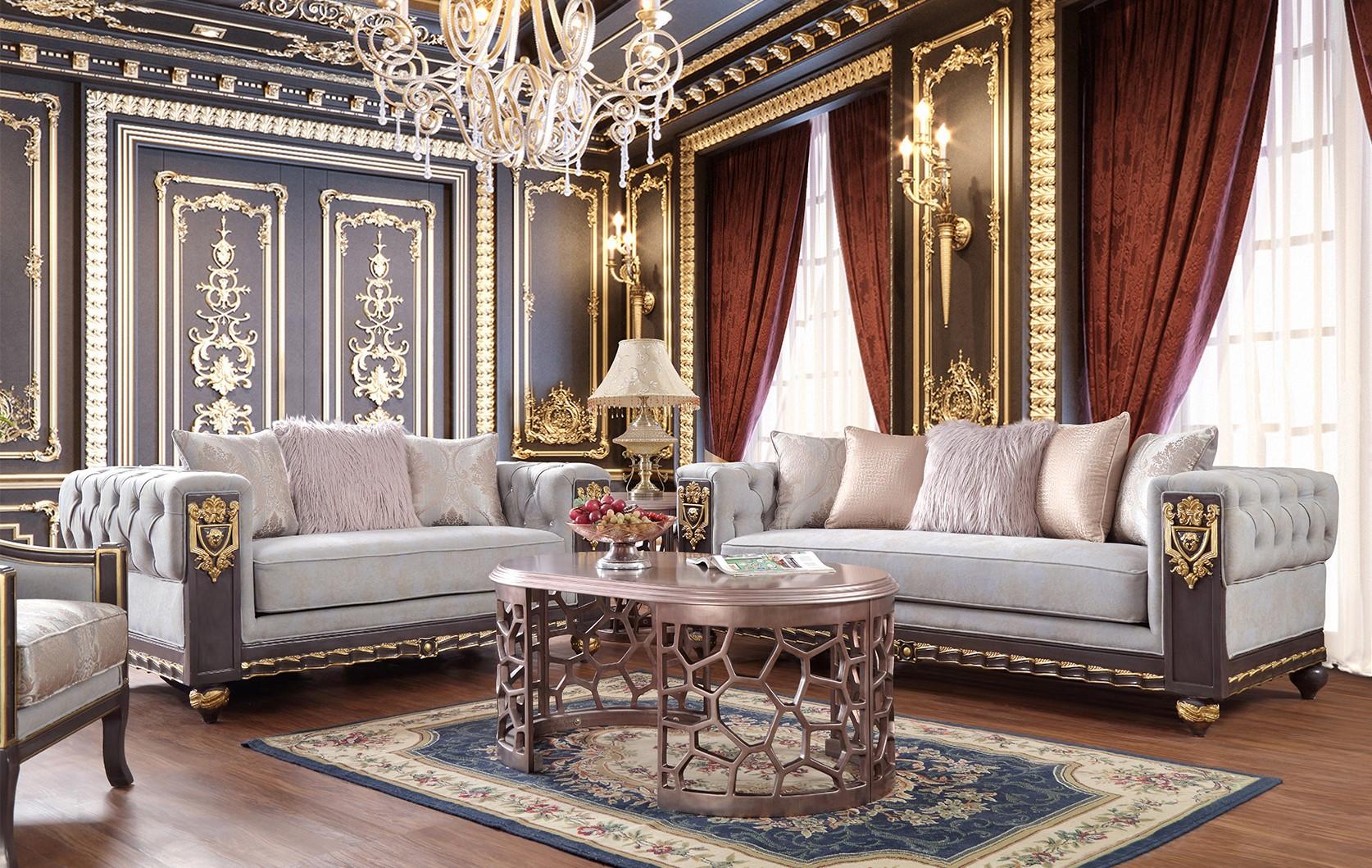 

    
Gray Fabric & Gold Finish Sofa Set 5Pcs w/ Coffee Tables Traditional Homey Design HD-6030
