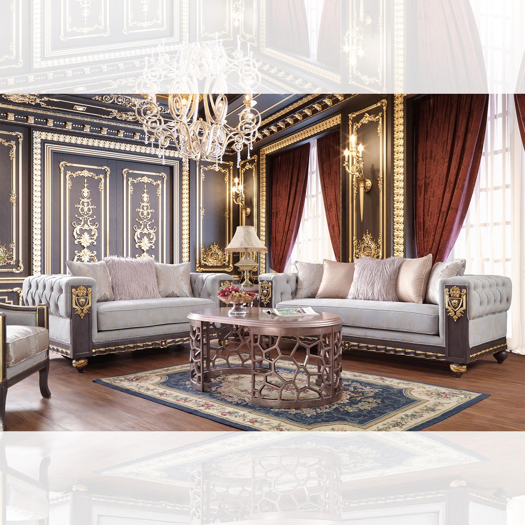 

                    
Buy Gray Fabric & Gold Finish Sofa Set 5Pcs w/ Coffee Tables Traditional Homey Design HD-6030
