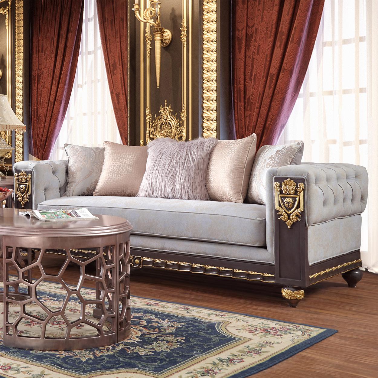

    
Gray Fabric & Gold Finish Sofa Traditional Homey Design HD-6030
