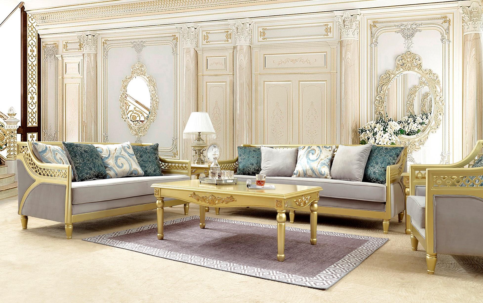 

    
Gray Fabric & Metallic Gold Sofa Set 2Pcs Traditional Homey Design HD-2063
