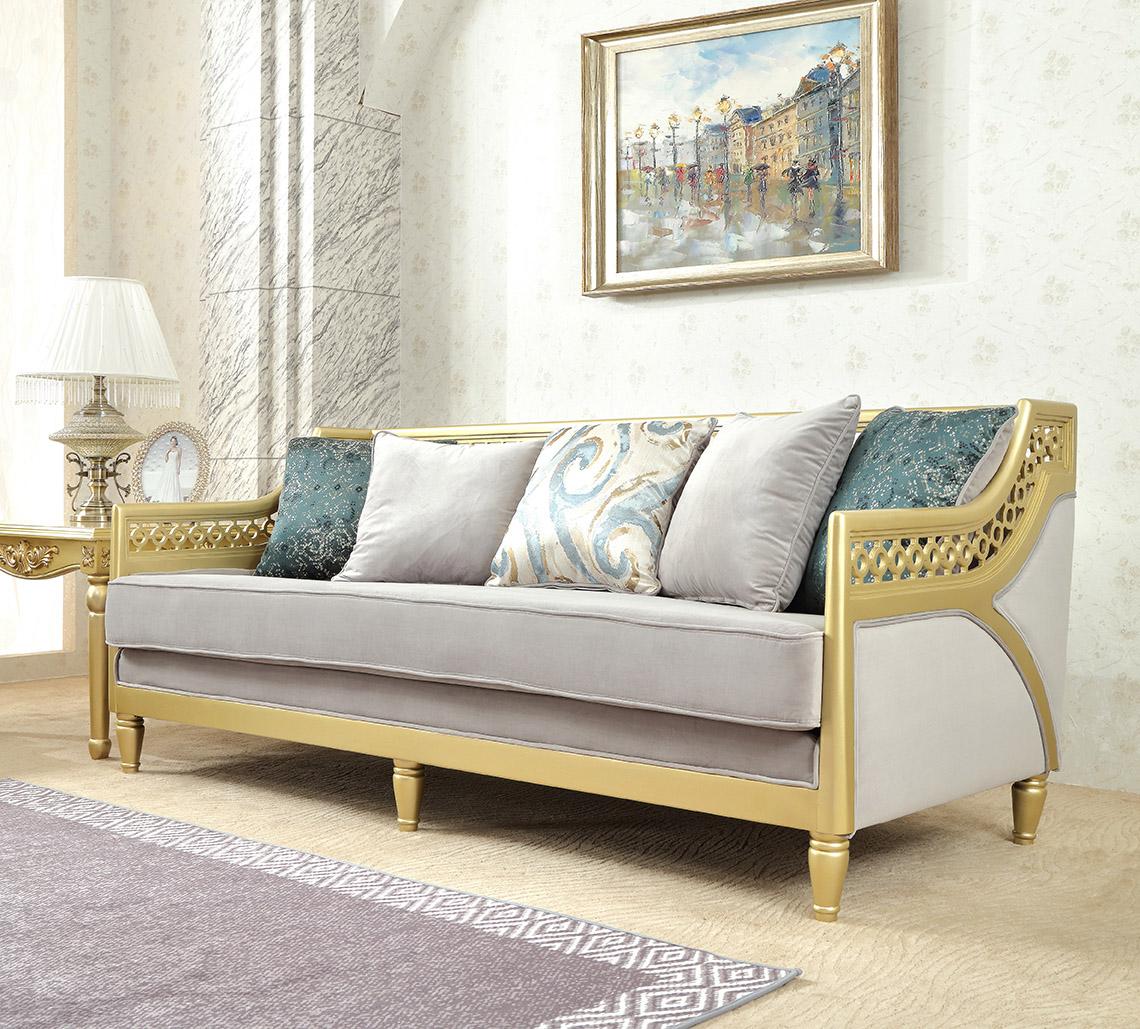 

    
Gray Fabric & Metallic Gold Sofa Traditional Homey Design HD-2063
