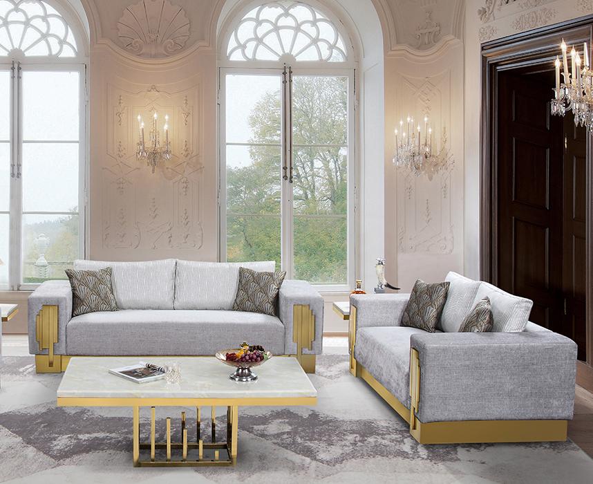 

    
Gray Fabric Sofa & Loveseat Set 2Pcs Gold Finish Modern Cosmos Furniture Megan
