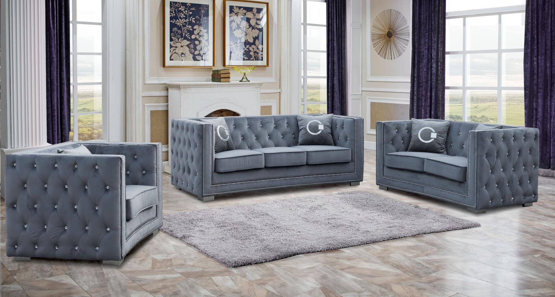 

    
 Order  Gray Fabric Sofa & Loveseat Set 2Pcs w/ Steel legs Modern Cosmos Furniture Zion
