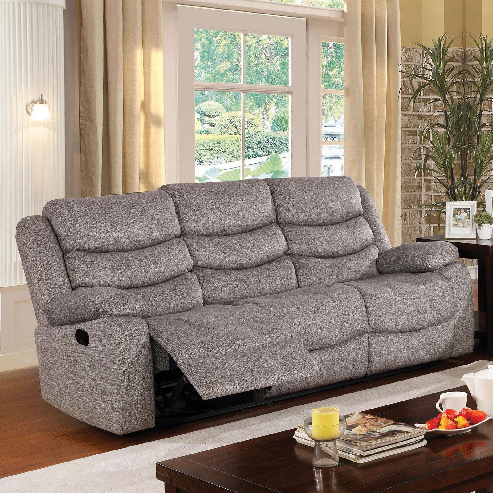 

    
Gray Fabric Upholstery Reclining Sofa Set 2Pcs Furniture of America Castleford
