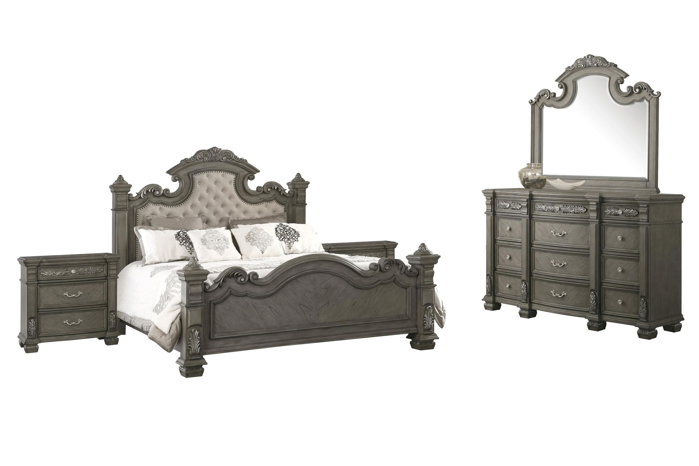 

    
Gray Finish Wood Queen Panel Bedroom Set 5Pcs Transitional Cosmos Furniture Silvy
