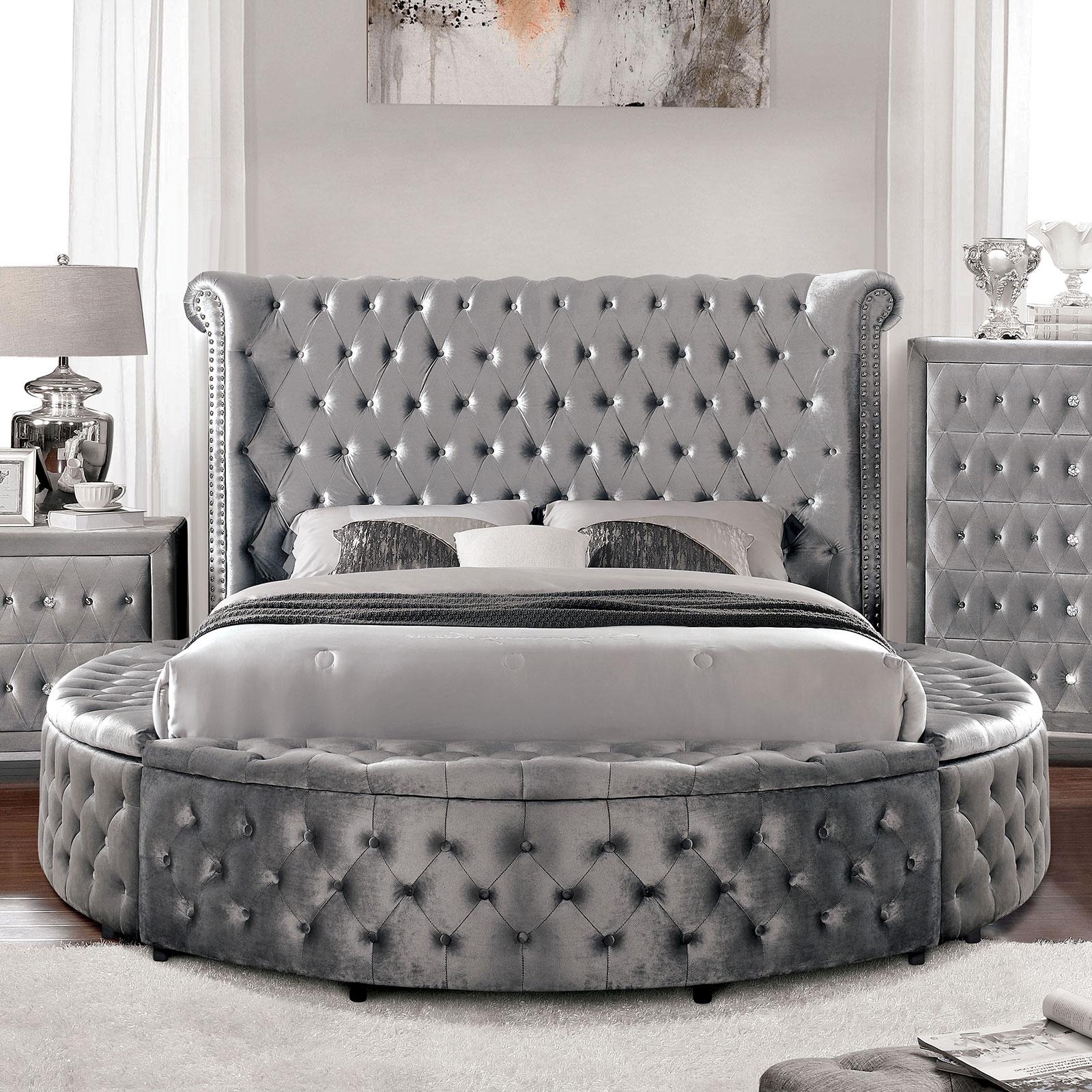 

    
Gray Flanette Circular Shape Queen Size Bed Furniture of America Delilah
