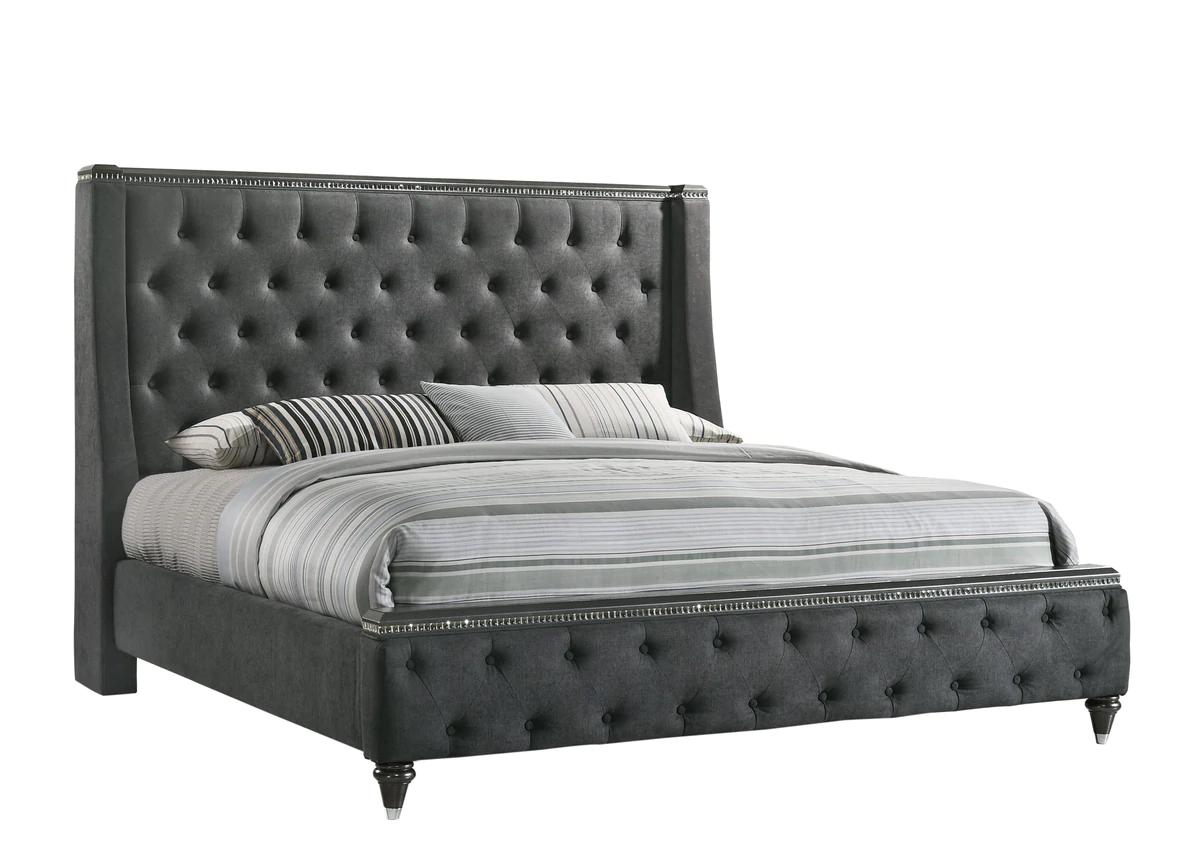 Modern, Classic Panel Bed Giovani B7900-K-Bed in Gray Velvet