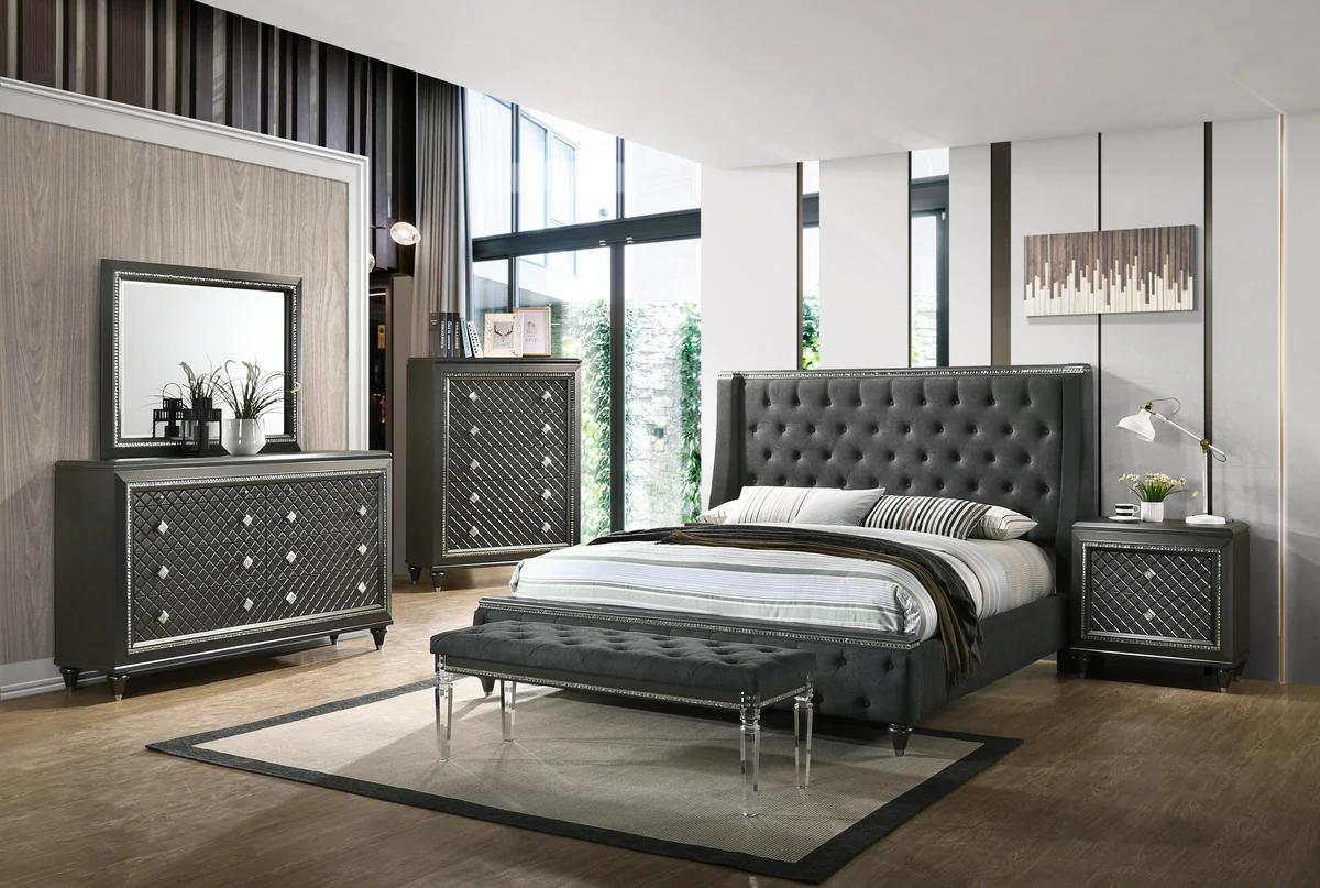 Modern, Classic Panel Bedroom Set Giovani B7900-Q-Bed-7pcs in Gray Velvet