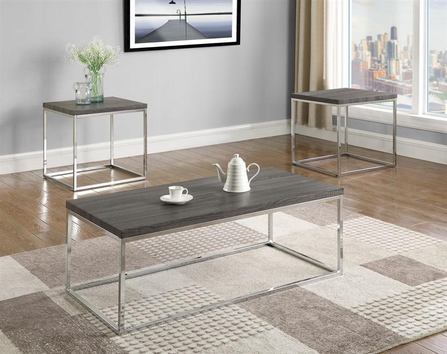 Modern, Casual Coffee Table and 2 End Tables Britt 3701SET in Chrome, Silver, Gray 