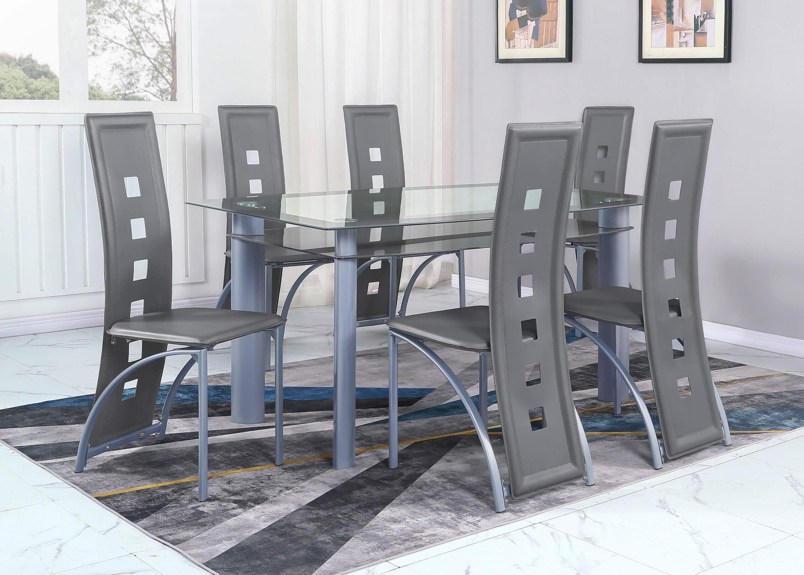 

    
Gray & Silver Glass Dining Room Set by Crown Mark Echo 1170T-3660-7pcs
