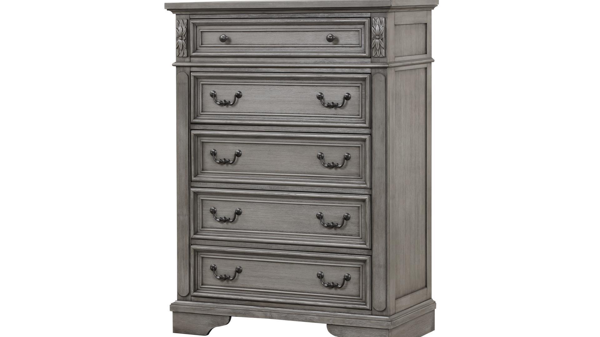 

    
Gray Solid Wood 5 Drawers Chest GRACE Galaxy Home Classic Traditional
