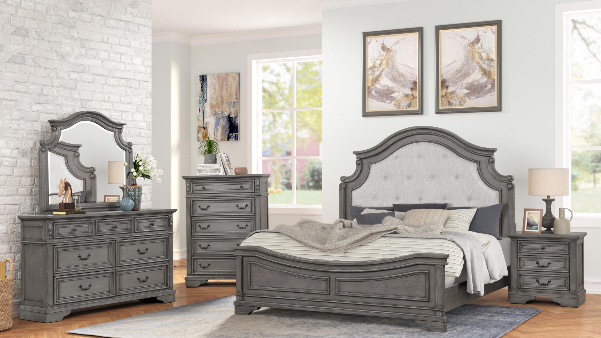 Classic, Traditional Platform Bedroom Set GRACE-EK-BED-NDMC-5PC GRACE-EK-BED-NDMC-5PC in Gray Fabric