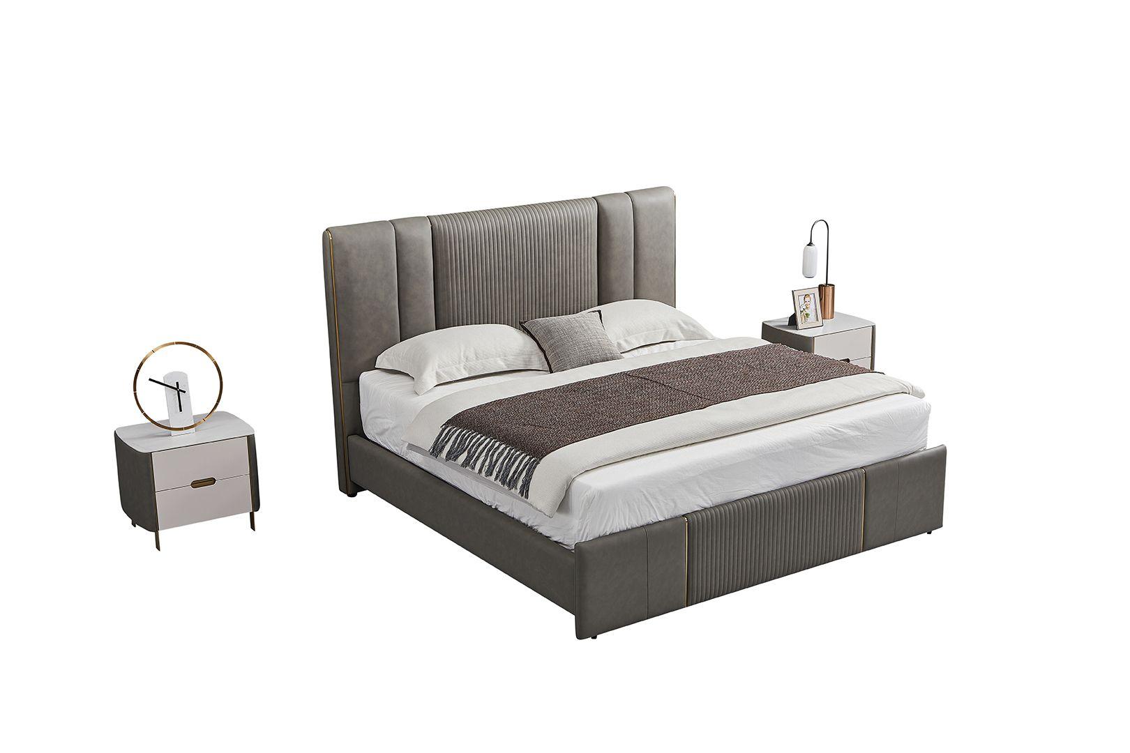 Contemporary, Modern Platform Bedroom Set B-Y2009-EK / NS-Y2009 B-Y2009-EK-3PC in Gray Genuine Leather