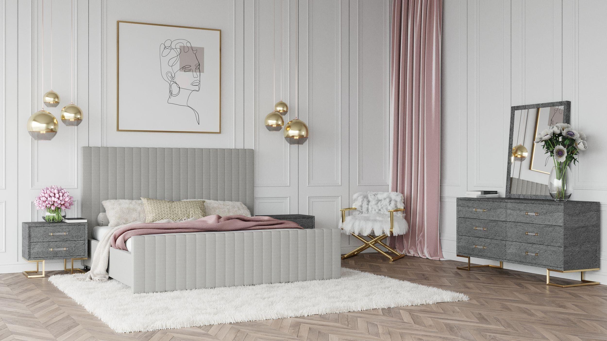 

    
Gray Velvet Bed & Shagreen Grey Leatherette King Bedroom Set 5Pcs by VIG Modrest Beverly
