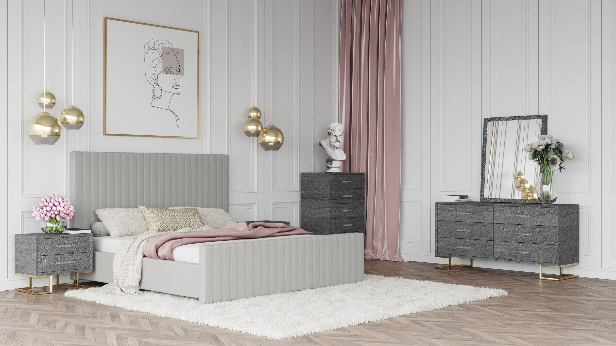 

    
Gray Velvet Bed & Shagreen Grey Leatherette Queen Bedroom Set 6Pcs w/Chest by VIG Modrest Beverly
