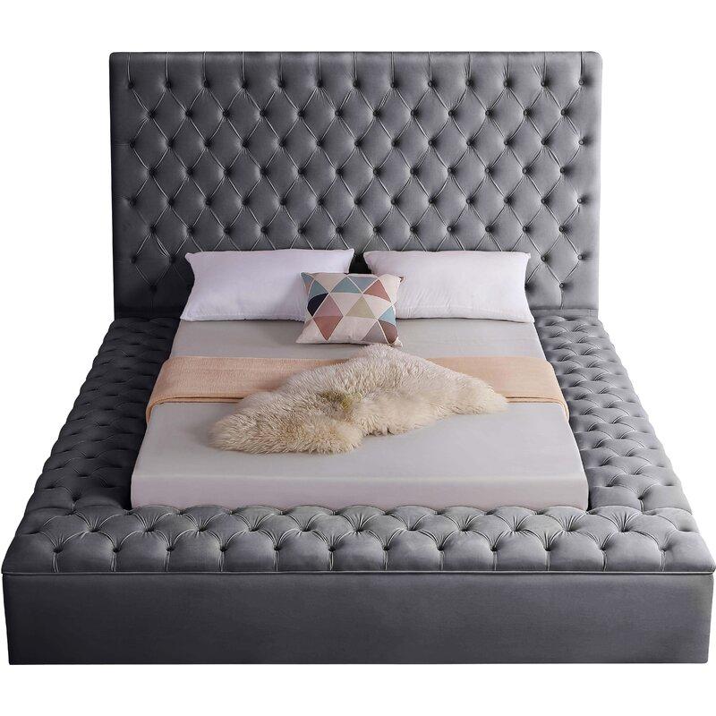 

    
Gray Velvet Button Tufted Queen Storage Bed NORA Galaxy Home Modern Contemporary
