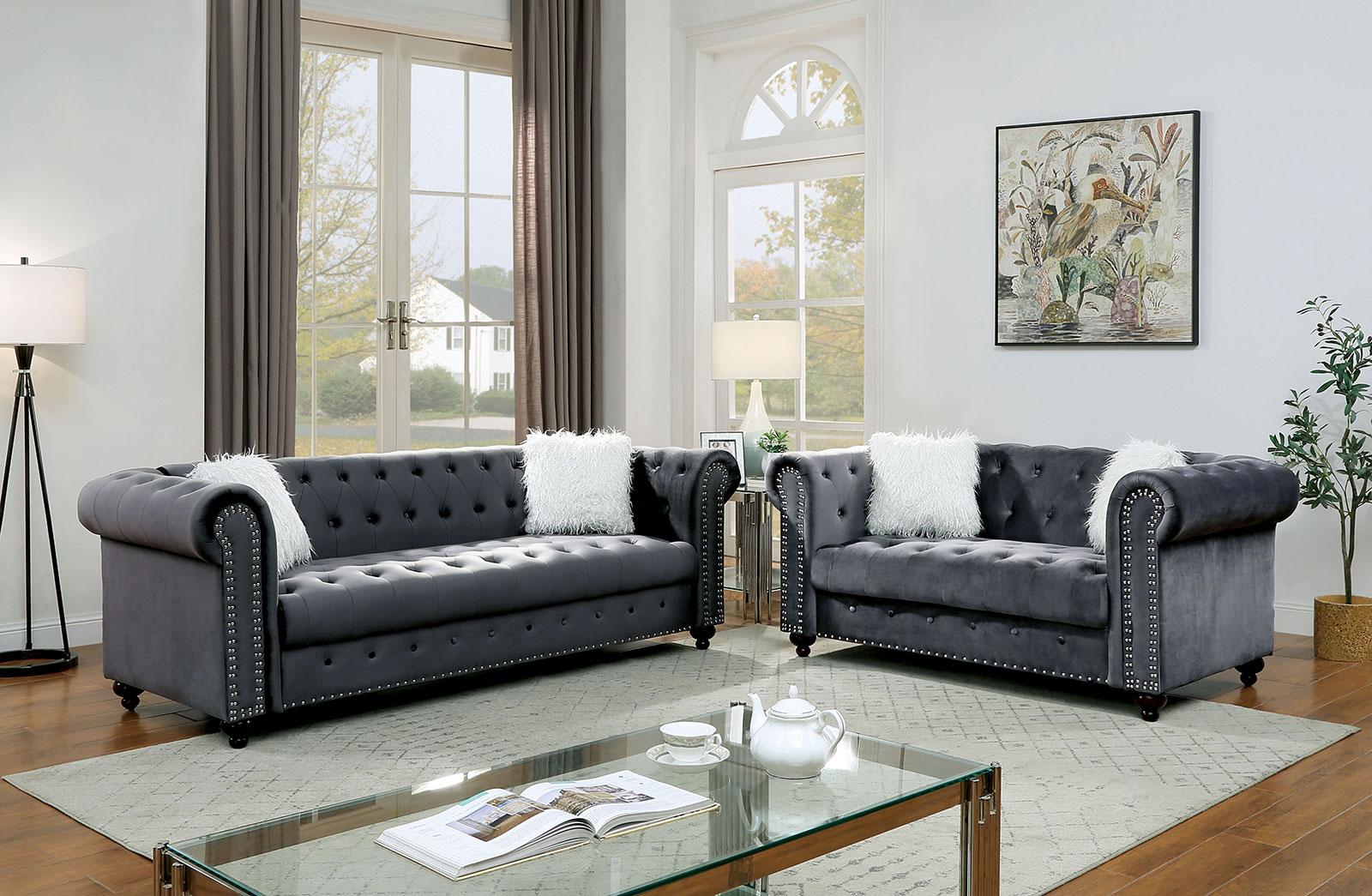 

    
Glam Gray Velvet-Like Fabric Sofa and Loveseat Furniture of America Giacomo
