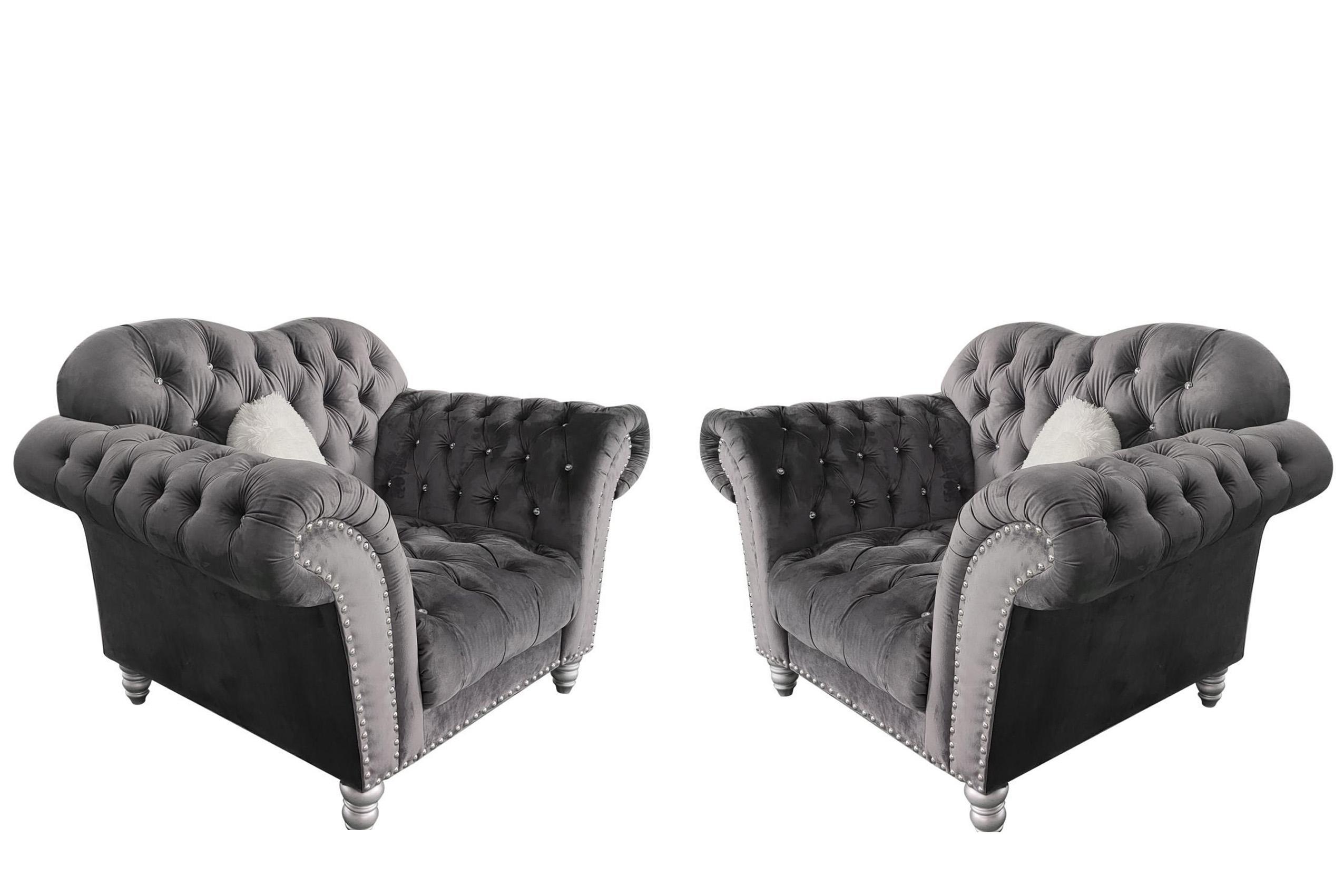 

    
Gray Velvet Crystal Tufted Arm Chair Set 2Pcs JESSICA Galaxy Home Contemporary
