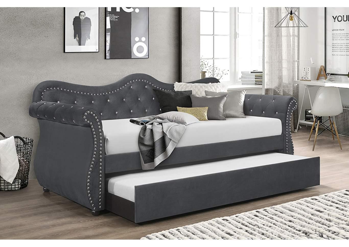 

    
Gray Velvet Crystal Tufted Day Bed Abby Galaxy Home Contemporary Modern
