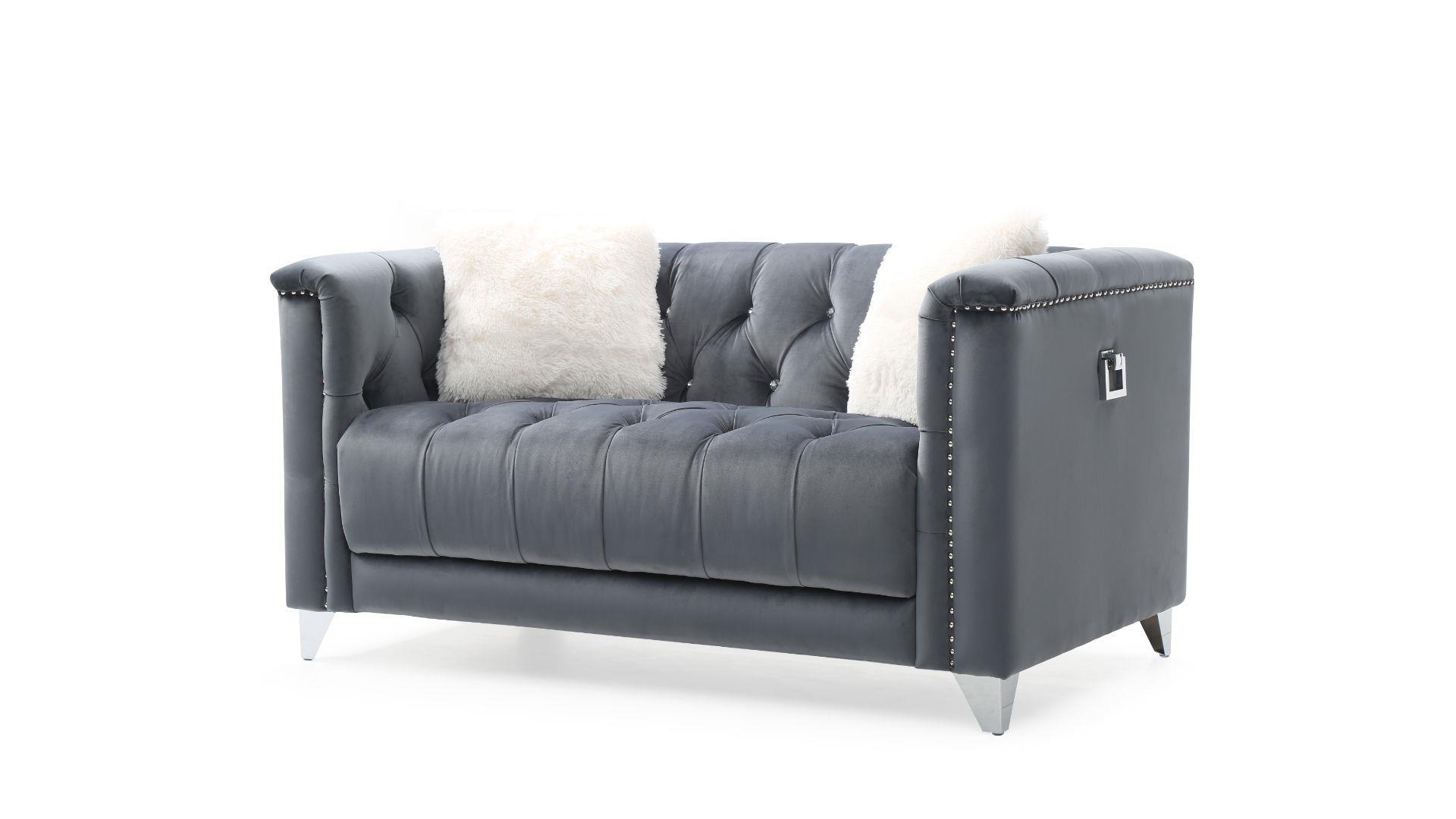 

    
Gray Velvet Crystal Tufted Loveseat RUSSELL Galaxy Home Contemporary Modern
