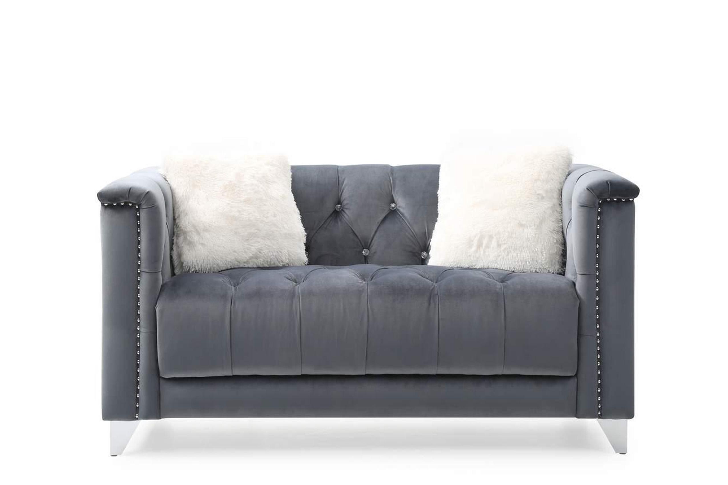

    
Gray Velvet Crystal Tufted Loveseat RUSSELL Galaxy Home Contemporary Modern
