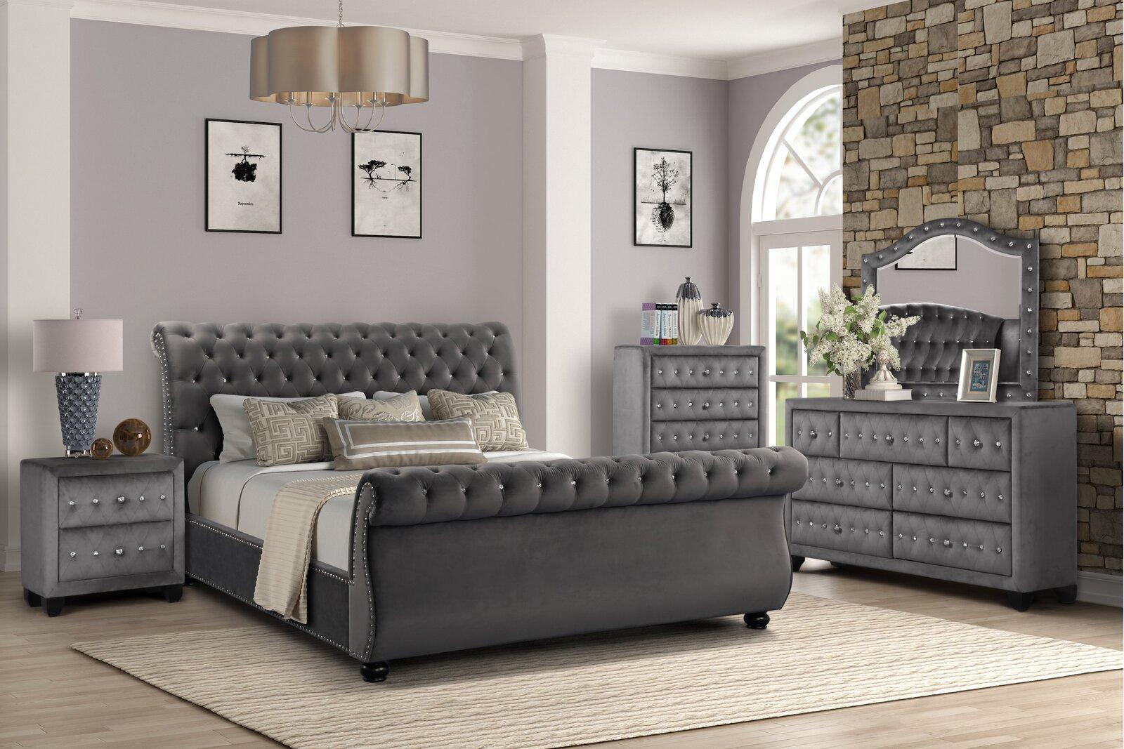 

    
Gray Velvet Crystal Tufted Queen Bed Set 5Pcs KENDALL Galaxy Home Contemporary
